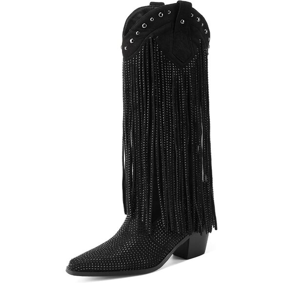 Black Rhinestone Fringe Cowgirl Boots Women Sparkly Western Pointed Toe Heel - Picture 2 of 7